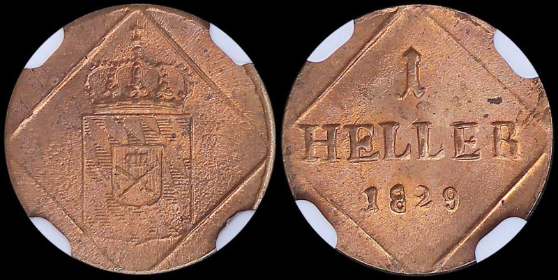 GERMAN STATES / BAVARIA: 1 Heller (1829) in copper with crowned arms. Denominati...