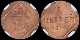GERMAN STATES / BAVARIA: 1 Heller (1829) in copper with crowned arms. Denomination on reverse. Inside slab by NGC "MS 66 RD / PLAIN EDGE". Top pop in ...