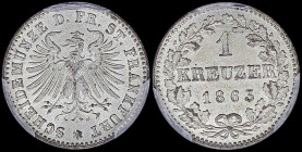 GERMAN STATES / FRANKFURT AM MAIN: 1 Kreuzer (1863) in silver (0,167) with eagle with heart-shaped body. Denomination and date within oak wreath on re...