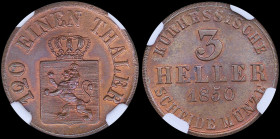 GERMAN STATES / HESSE-CASSEL: 3 Heller (1850) in copper with crowned arms. Denomination and date on reverse. Inside slab by NGC "MS 65 RB". Top pop in...