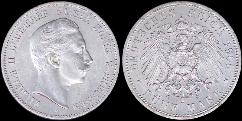 GERMAN STATES / PRUSSIA: 5 Mark (1908 A) in silver (0,900) with head of Wilhelm ...