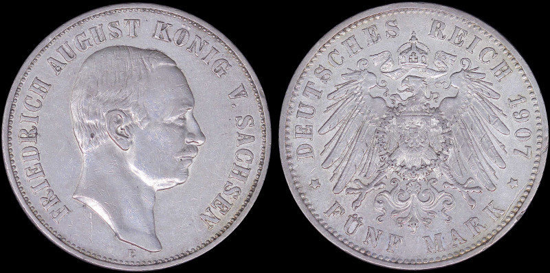 GERMAN STATES / SAXONY - ALBERTINE: 5 Mark (1907 E) in silver (0,900) with head ...