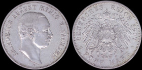 GERMAN STATES / SAXONY - ALBERTINE: 5 Mark (1907 E) in silver (0,900) with head of Friedrich August III facing left. Crowned imperial eagle with suppo...