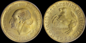 GERMAN STATES / WESTPHALIA: 50 million Mark (1923) in gilt bronze commemorating Freiherr vom Stein with legend surrounding horse and denomination. Leg...
