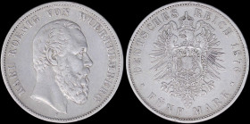 GERMAN STATES / WURTTEMBERG: 5 Mark (1876 F) in silver (0,900) with head of Karl I facing right. Crowned imperial eagle on reverse. Mint: Freudenstadt...