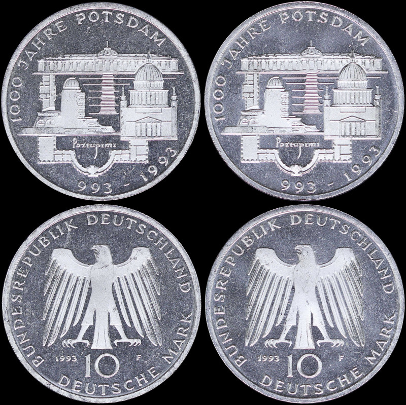 GERMANY / FEDERAL REPUBLIC: Lot composed of 2x 10 Mark (1993 F) in silver (0,625...