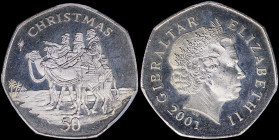 GIBRALTAR: 50 Pence (2001 BB) in copper-nickel commemorating Christmas with head with tiara of Queen Elizabeth II facing right. Three wise men on came...