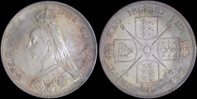 GREAT BRITAIN: Double-Florin (1887) in silver (0,925) with coronated bust of Queen Victoria facing left. Sceptres divide crowned arms at corners on re...