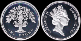 GREAT BRITAIN: Proof piedfort coin of 1 Pound (1987) in silver (0,925) (similar to KM #948a) with portrait of Queen Elizabeth II. An oak tree enfiling...