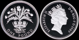GREAT BRITAIN: Proof piedfort coin of 1 Pound (1989) in silver (0,925) (similar to KM #959a) with portrait of Queen Elizabeth II. Scottish thistle enc...