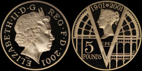GREAT BRITAIN: 5 Pounds (2001) in gold (0,917) commemorating the Centennial of Queen Victoria with head of Queen Elizabeth II with tiara facing right....