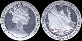 ISLE OF MAN: 10 Crowns (1987) in silver (0,999) from America Cup series with crowned bust of Queen Elizabeth II facing right. Sailboats and Statue of ...