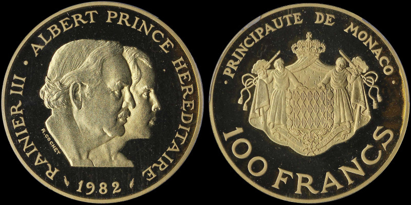 MONACO: Piefort 100 Francs (1982) in gold with conjoined heads of Rainier III & ...