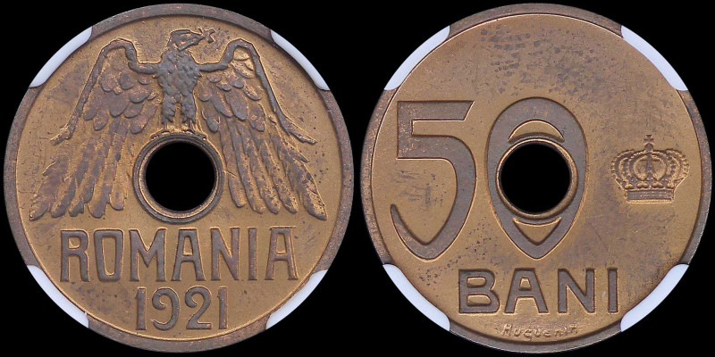 ROMANIA: 50 Bani (1921) pattern coin in bronze with eagle above center hole. Val...