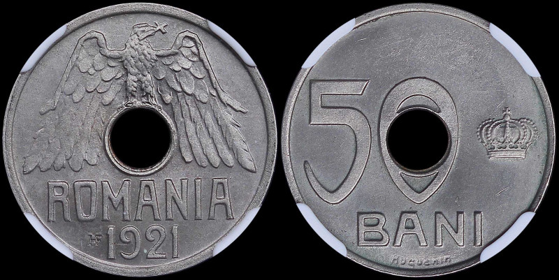 ROMANIA: 50 Bani (1921 HF) pattern coin in nickel with eagle above center hole. ...