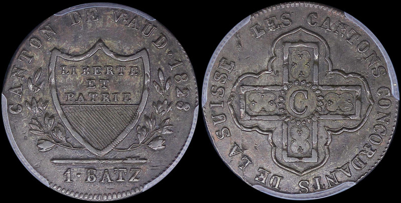 SWISS CANTONS / VAUD: 1 Batzen (=10 Rappen) (1828) in billon with shield within ...