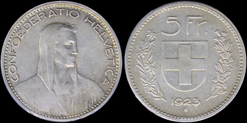 SWITZERLAND: 5 Francs (1923 B) in silver (0,900) with bust of William Tell facin...