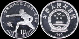 CHINA / PEOPLES REPUBLIC: 10 Yuan (1993) in silver (0,900) commemorating Olympics Centennial with national emblem and date. Fencing and denomination o...