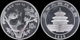 CHINA / PEOPLES REPUBLIC: 10 Yuan (1995) in silver (0,999) with Temple of Heaven. Panda sitting on branch eating large twig on reverse. Inside capsule...