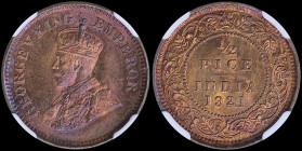 INDIA / BRITISH: 1/2 Pice (1921) in bronze with crowned bust of King George V facing left. Date and denomination within circle surrounded by wreath on...