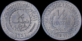 LEBANON: 1/2 Piastre [1941 (a)] in zinc with value within sprigs above date. Value within roped wreath flanked by oat sprigs above date on reverse. In...