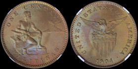 PHILIPPINES / U.S. ADMINISTRATION: 1 Centavo (1904) in bronze with man seated beside hammer and anvil. Eagle above stars and striped shield on reverse...