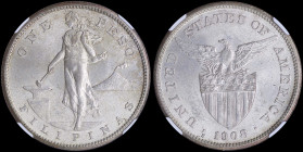 PHILIPPINES / U.S. ADMINISTRATION: 1 Peso (1908 S) in silver (0,800) with female standing beside hammer and anvil. Eagle above stars and striped shiel...