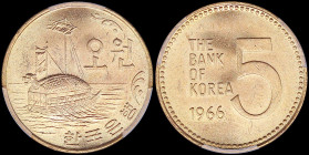 SOUTH KOREA: 5 Won (1966) in bronze with iron-clad turtle boat. Value, inscription and date on reverse. Inside slab by PCGS "MS 63". Cert number: 4347...