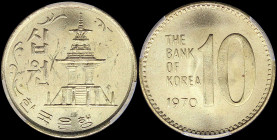 SOUTH KOREA: 10 Won (1970) in brass with pagoda at Pul Guk Temple. Value, inscription and date. Inside slab by PCGS "MS 63 / KM-6a Brass". Cert number...