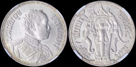 THAILAND: 1 Baht [BE2458 (1915)] in silver (0,900) with uniformed bust of Rama VI facing right. Elephant heads flank facing elephant on reverse. Insid...