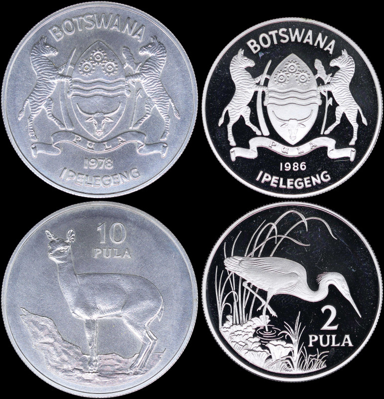 BOTSWANA: Lot of 2 silver coins of 10 Pula (1978) & 2 Pula (1986). (KM 12+18). U...