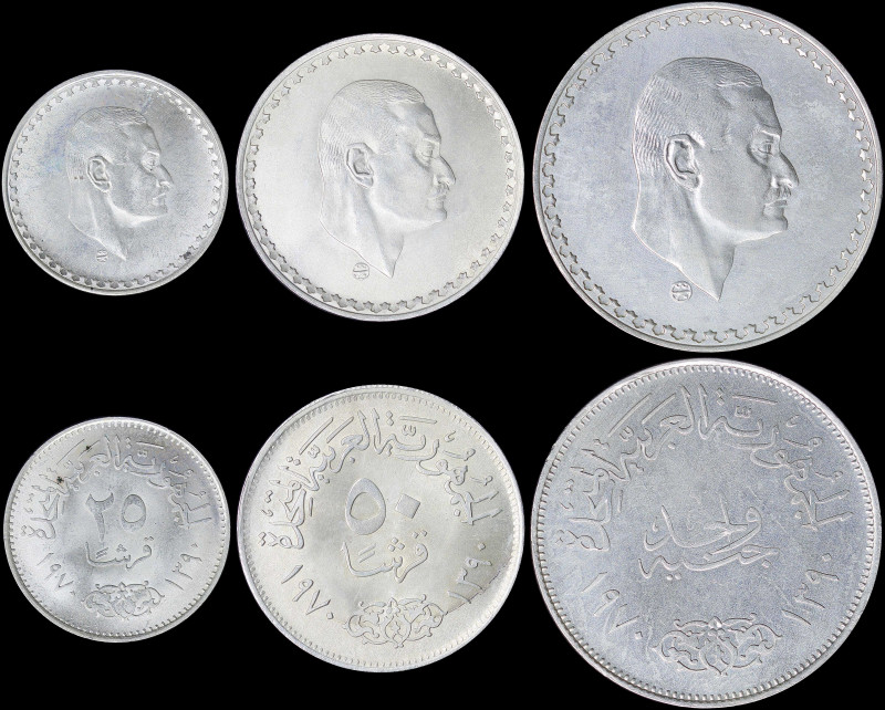 EGYPT: Lot of 3 silver (0,720) coins composed of 25 Piastres (1970), 50 Piastres...