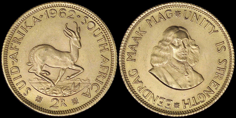 SOUTH AFRICA: 2 Rand (1962) in gold (0,917) with springbok. Bust of Jan van Rieb...