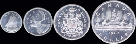 CANADA: Lot of 4 coins (1963) in silver (0,800) composed of 10 Cents, 25 Cents, 50 Cents & 1 Dollar. (KM 51+52+56+54). Uncirculated & Proof-like condi...