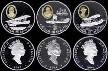 CANADA: Lot of 3 coins composed of 20 Dollars (1992) & 2x 20 Dollars (1994) in silver (0,925) with gold cameo insert from Aviation Series with crowned...
