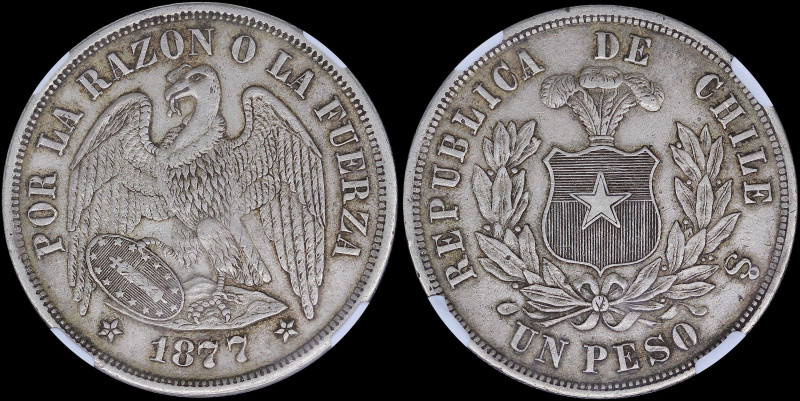 CHILE: 1 Peso (1877 SO) in silver (0,900) with condor with wings spread and shie...