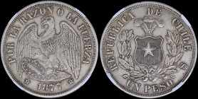 CHILE: 1 Peso (1877 SO) in silver (0,900) with condor with wings spread and shiels. Plumed arms within wreath. Inside slab by NGC "AU 53". Cert number...