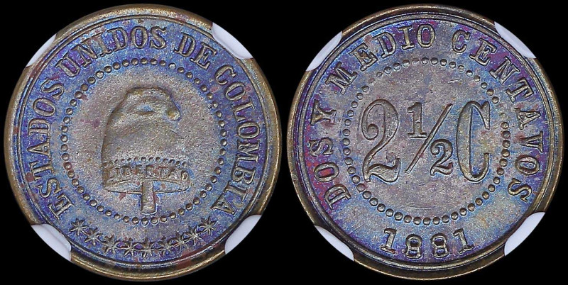 COLOMBIA: 2- 1/2 Centavos (1881) pattern coin in copper with liberty cap within ...