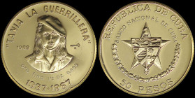 CUBA: 50 Pesos (1989) in gold (0,999) commemorating Tania La Guerrillera. Portrait of female guerilla fighter on reverse. Mintage: 150 pieces. (KM 330...