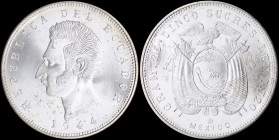 ECUADOR: 5 Sucres (1944) in silver (0,720) with head of Sucre facing left and date below. Flag draped arms and denomination above on reverse. (KM 79)....