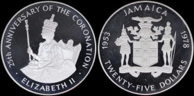 JAMAICA: 25 Dollars (ND 1978) in silver (0,925) commemorating the 25th Anniversary of Coronation with arms with supporters. Queen facing left on thron...
