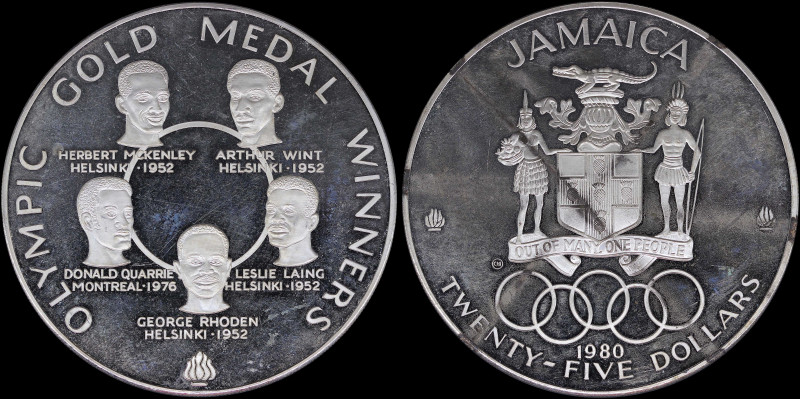 JAMAICA: 25 Dollars (1980) in silver (0,925) from 1980 Olympics series with arms...