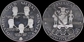 JAMAICA: 25 Dollars (1980) in silver (0,925) from 1980 Olympics series with arms with supporters. Circle of heads of previous Gold Medal winners on re...