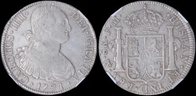MEXICO: 8 Reales (1791MO FM) in silver (0,896) with armored bust of Charles IIII facing right. Crowned shield flanked by pillars with banner on revers...