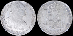 MEXICO: 8 Reales (1804MO TH) in silver (0,896) with armored bust of Charles IIII facing right. Crowned shield flanked by pillars with banner on revers...