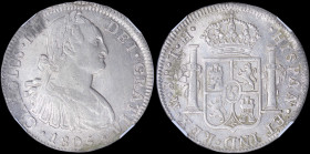 MEXICO: 8 Reales (1805Mo TH) in silver (0,896) with bust of Charles IIII facing right. Crowned shield flanked by pillars with banner on reverse. Varie...