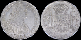 MEXICO: 8 Reales (1808Mo TH) in silver (0,896) with armored bust of Charles IIII facing right. Crowned shield flanked by pillars with banner on revers...