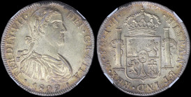 MEXICO: 8 Reales (1809Mo TH) in silver (0,896) with armored laurete bust of Ferdinand VII facing right. Crowned shield flanked by pillars with banner ...