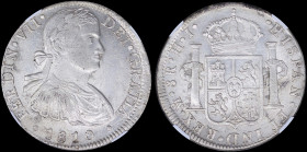 MEXICO: 8 Reales (1810Mo HJ) in silver (0,896) with armored laurete bust of Ferdinand VII facing right. Crowned shield flanked by pillars with banner ...