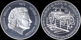 NETHERLAND ANTILLES: 25 Gulden (1973) in silver (0,925) commemorating the 25th Anniversary of Reign with head of Juliana facing right. Royal carriage ...